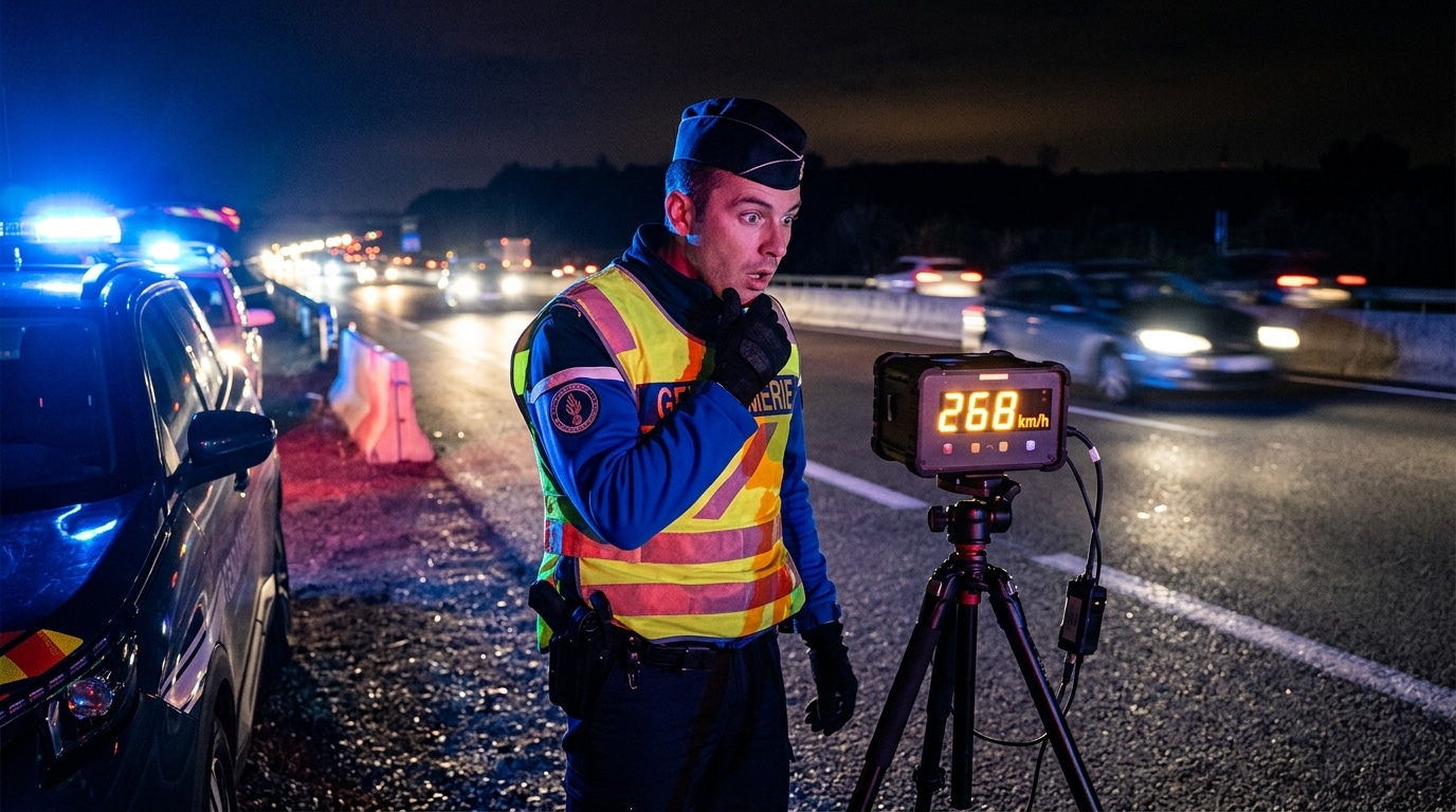 Gendarme stupéfait devant l'écran d'un radar routier