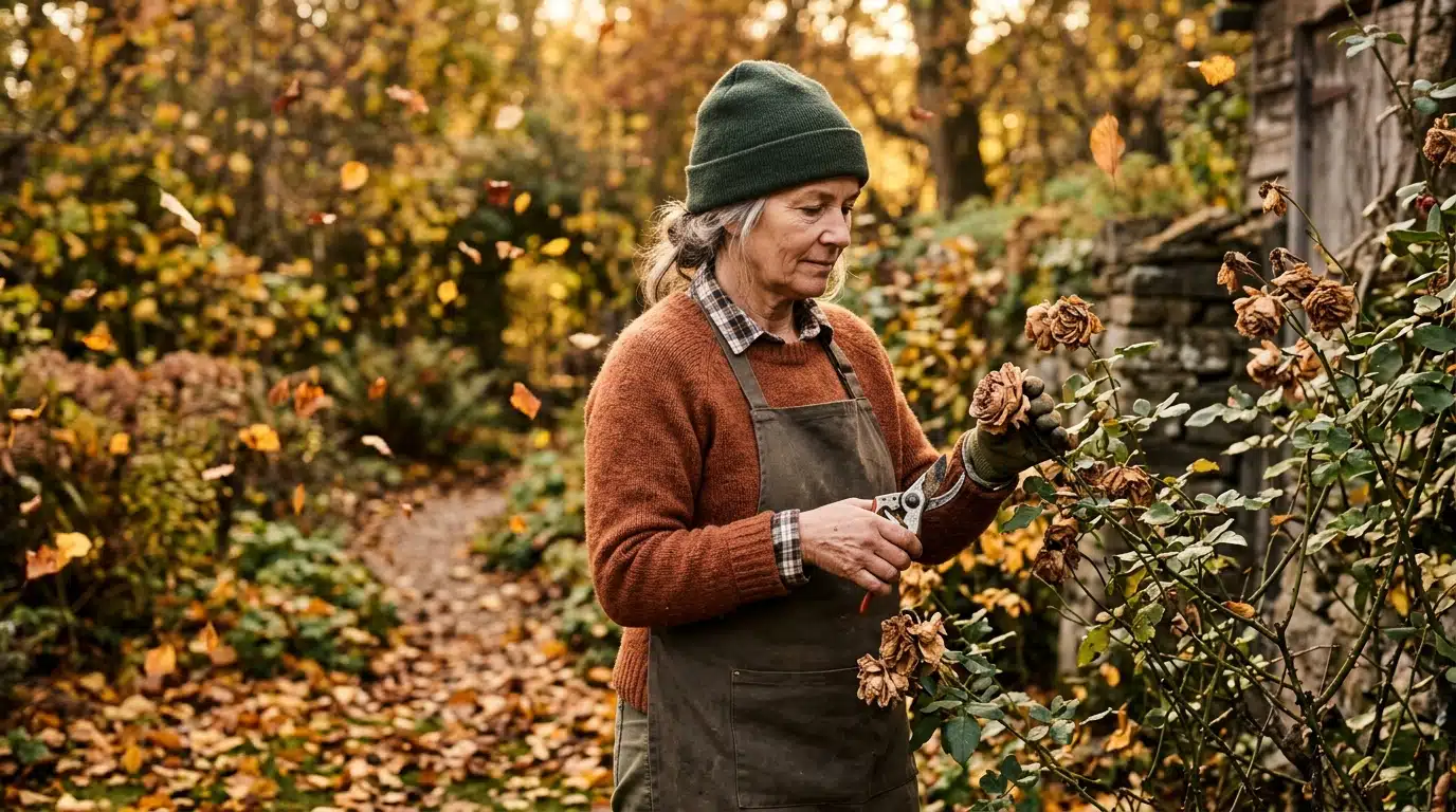 Femme au jardin observant des fleurs fanées à l'automne