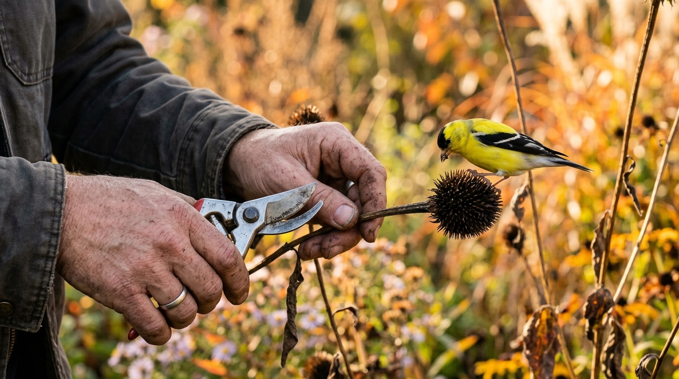 Tête de graines séchées avec un oiseau dans le jardin