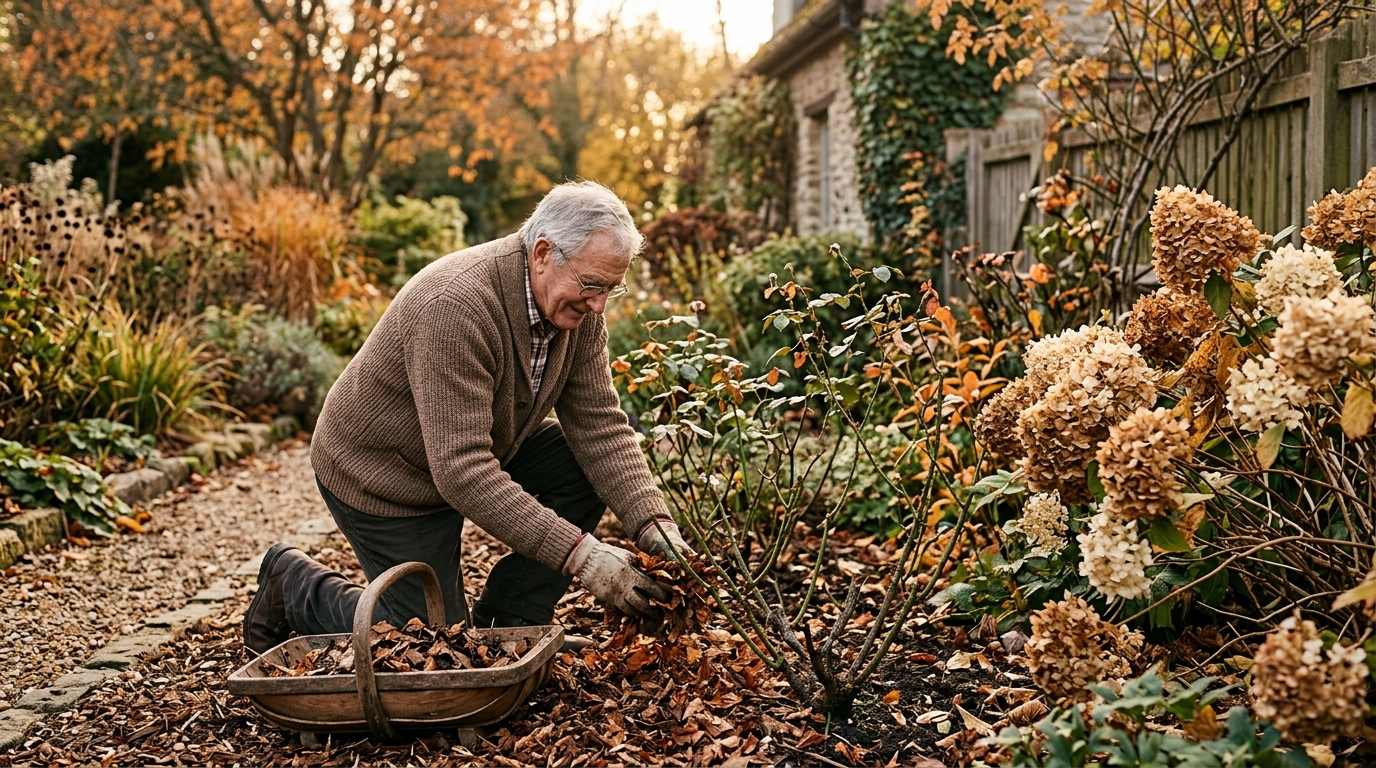 Homme étalant du paillage autour de rosiers en automne