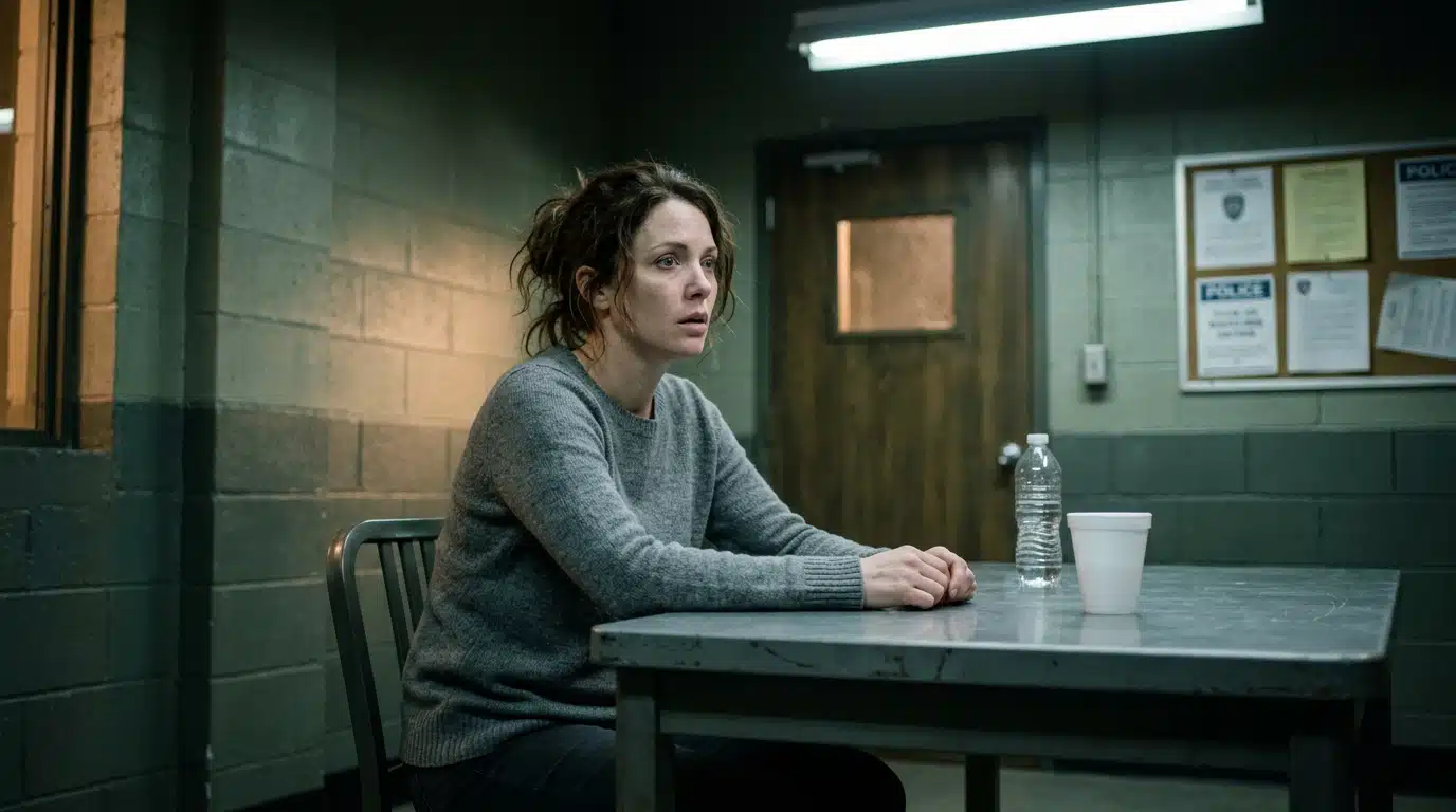Femme anonyme assise seule dans une salle d'interrogatoire sombre