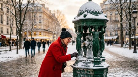 Fontaine Wallace verte recouverte de givre en hiver