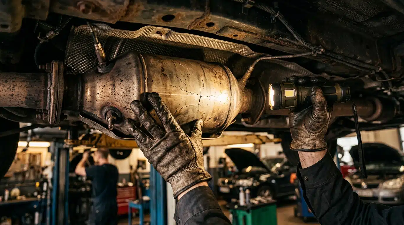 Mécanicien examine un filtre à particules diesel fissuré