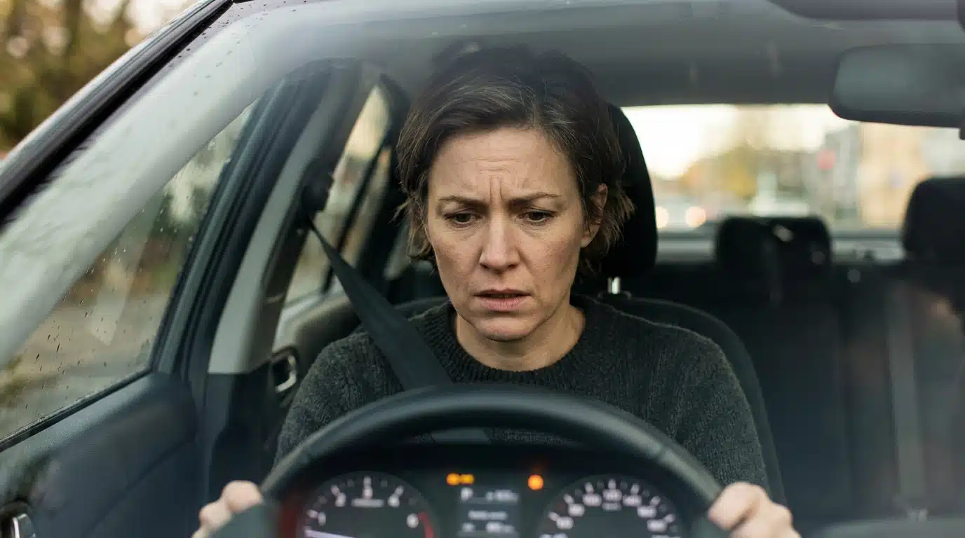 Conducteur inquiet regardant le tableau de bord de sa voiture