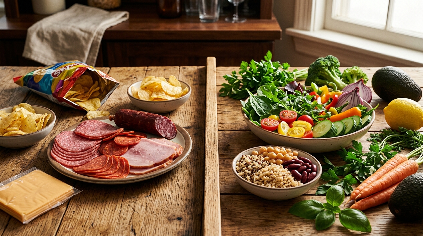 Assiette de légumes face à de la charcuterie industrielle