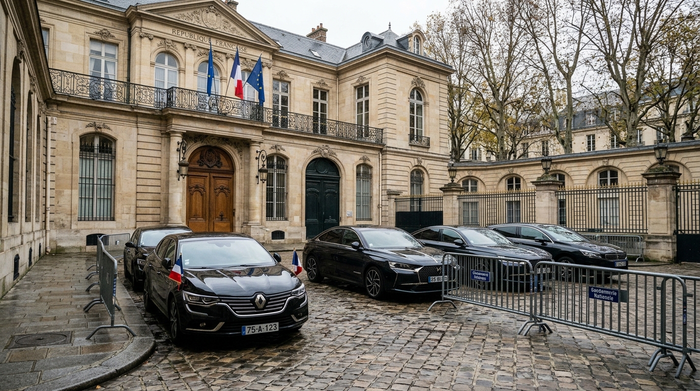 Véhicules officiels stationnés devant un bâtiment gouvernemental