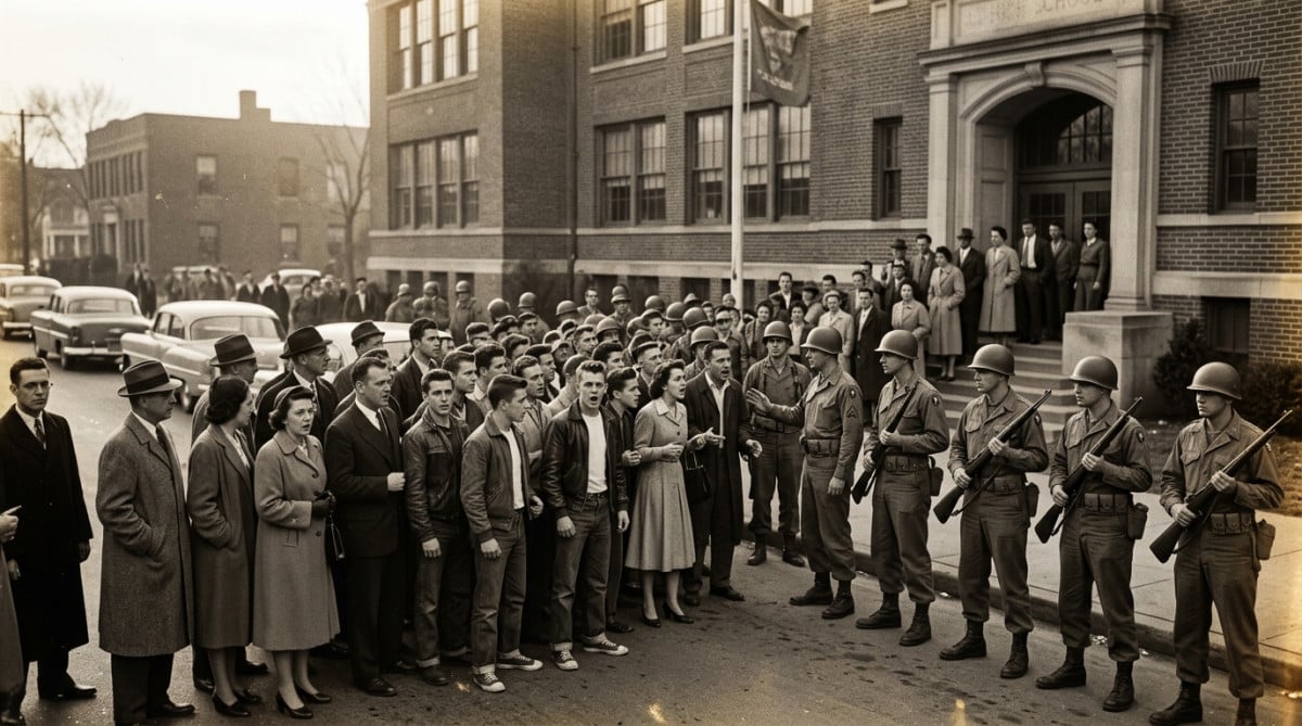Foule tendue devant un lycée américain en 1957