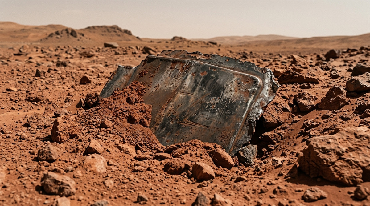 Fragment métallique corrodé enfoui dans la poussière martienne