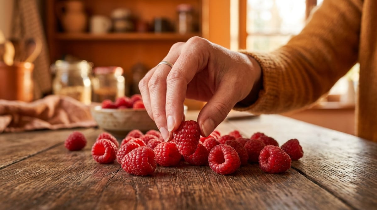 Framboises fraîches sur une table en bois