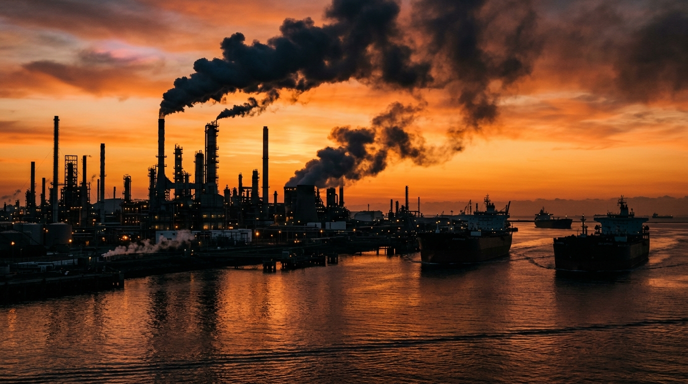 Raffinerie pétrolière et port industriel au crépuscule