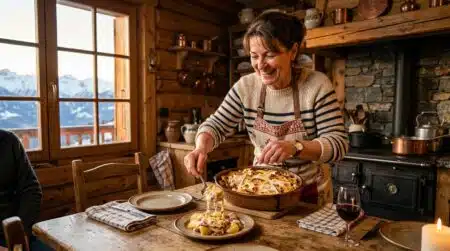 Femme servant une tartiflette dans un chalet montagnard