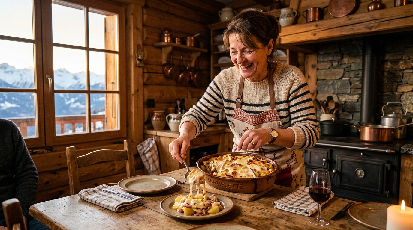 Femme servant une tartiflette dans un chalet montagnard