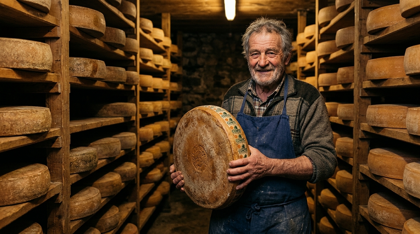 Fromager tenant une meule de comté en cave d'affinage