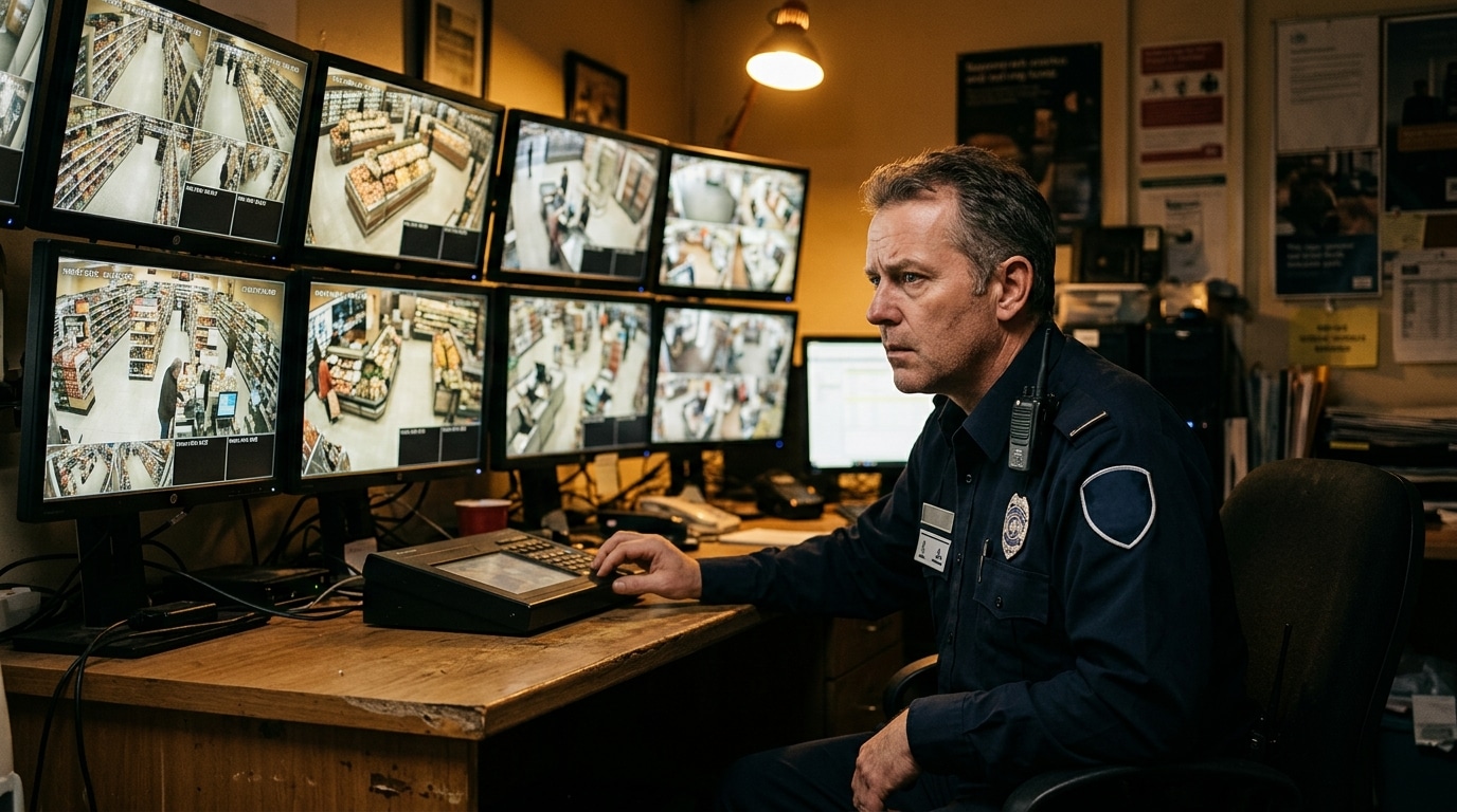 Agent de sécurité surveille les écrans de vidéosurveillance du supermarché