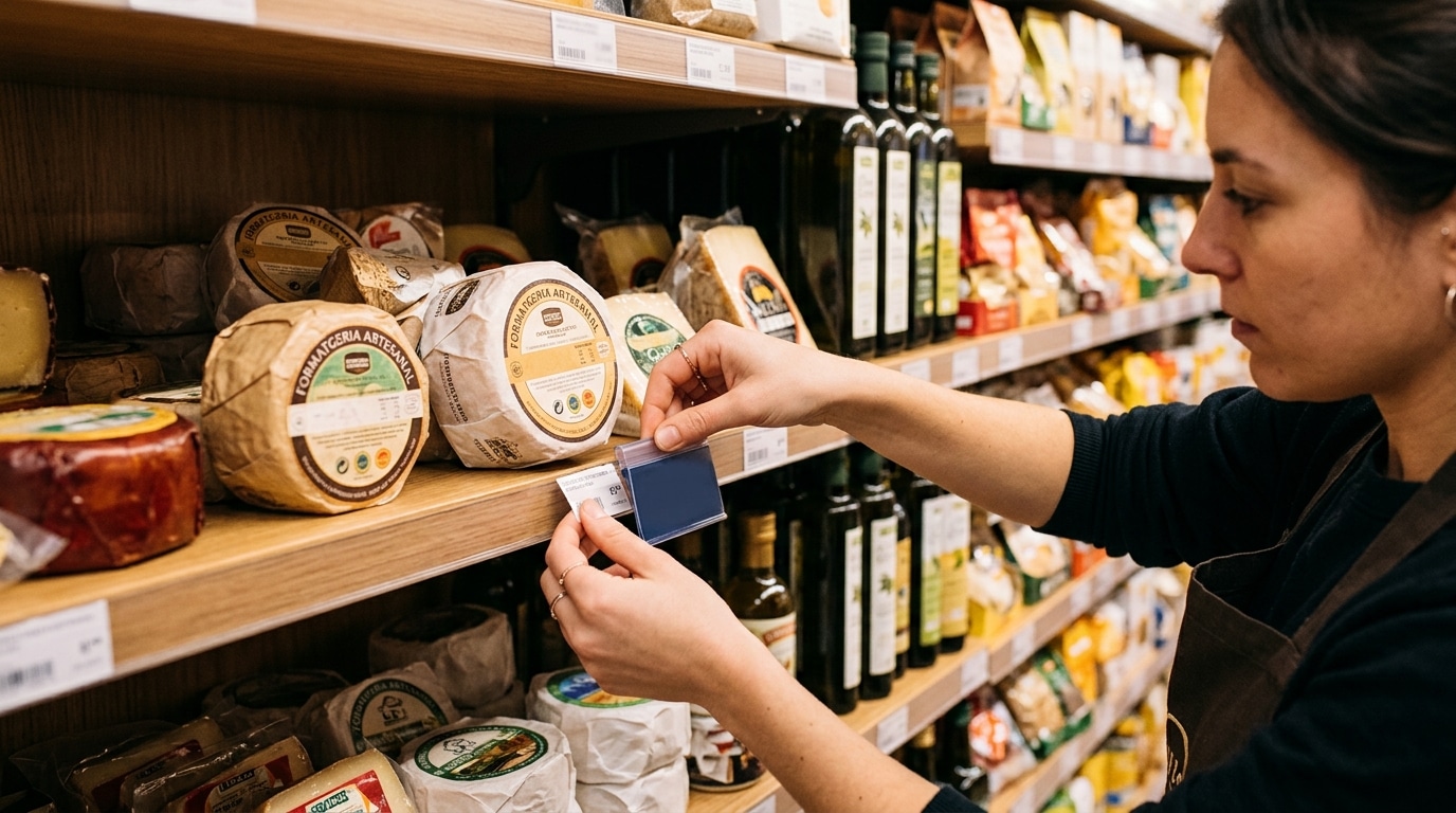 Client échangeant discrètement une étiquette de prix en rayon