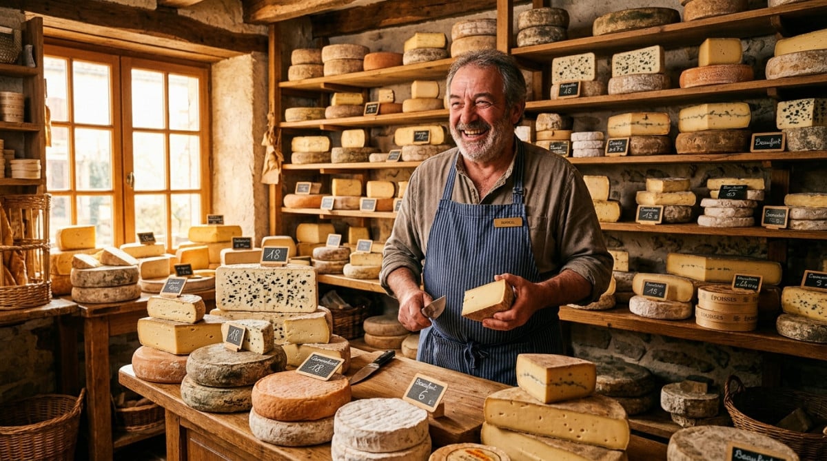 Fromager souriant entouré de nombreux fromages français