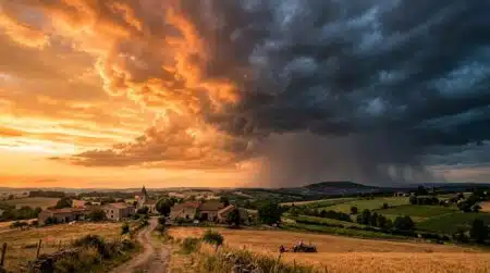 Ciel partagé entre chaleur orange et orage sombre