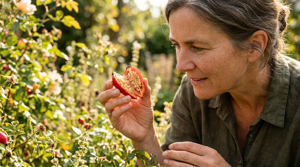 Fruit d'églantier ouvert montrant ses poils irritants