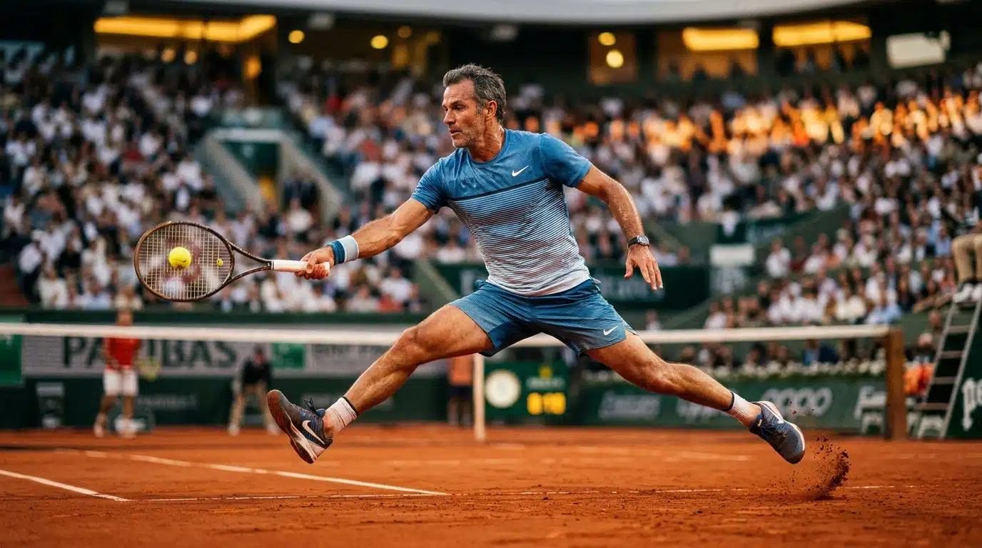 Gaël Monfils réalisant un smash acrobatique spectaculaire en match
