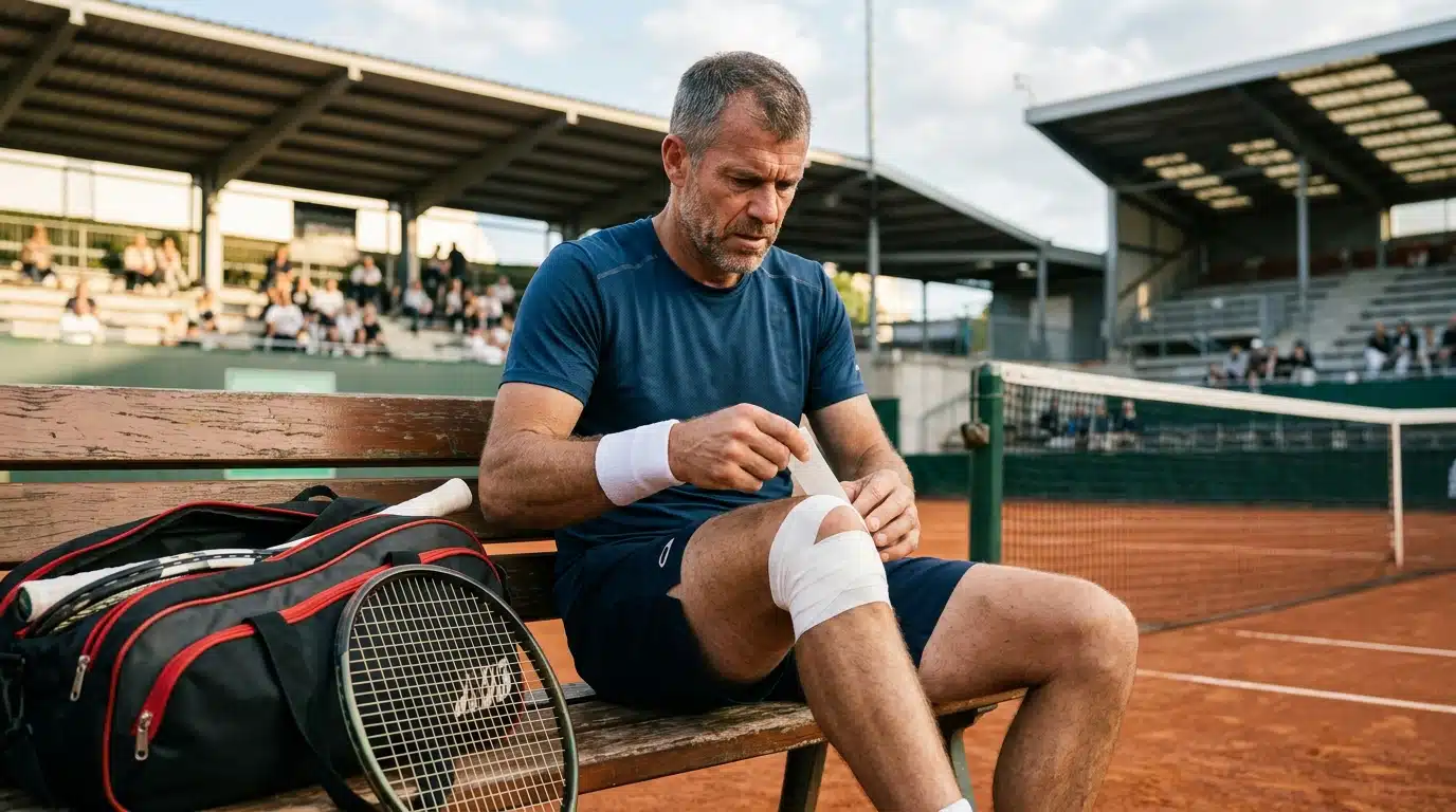 Gaël Monfils soignant son genou blessé au bord du court