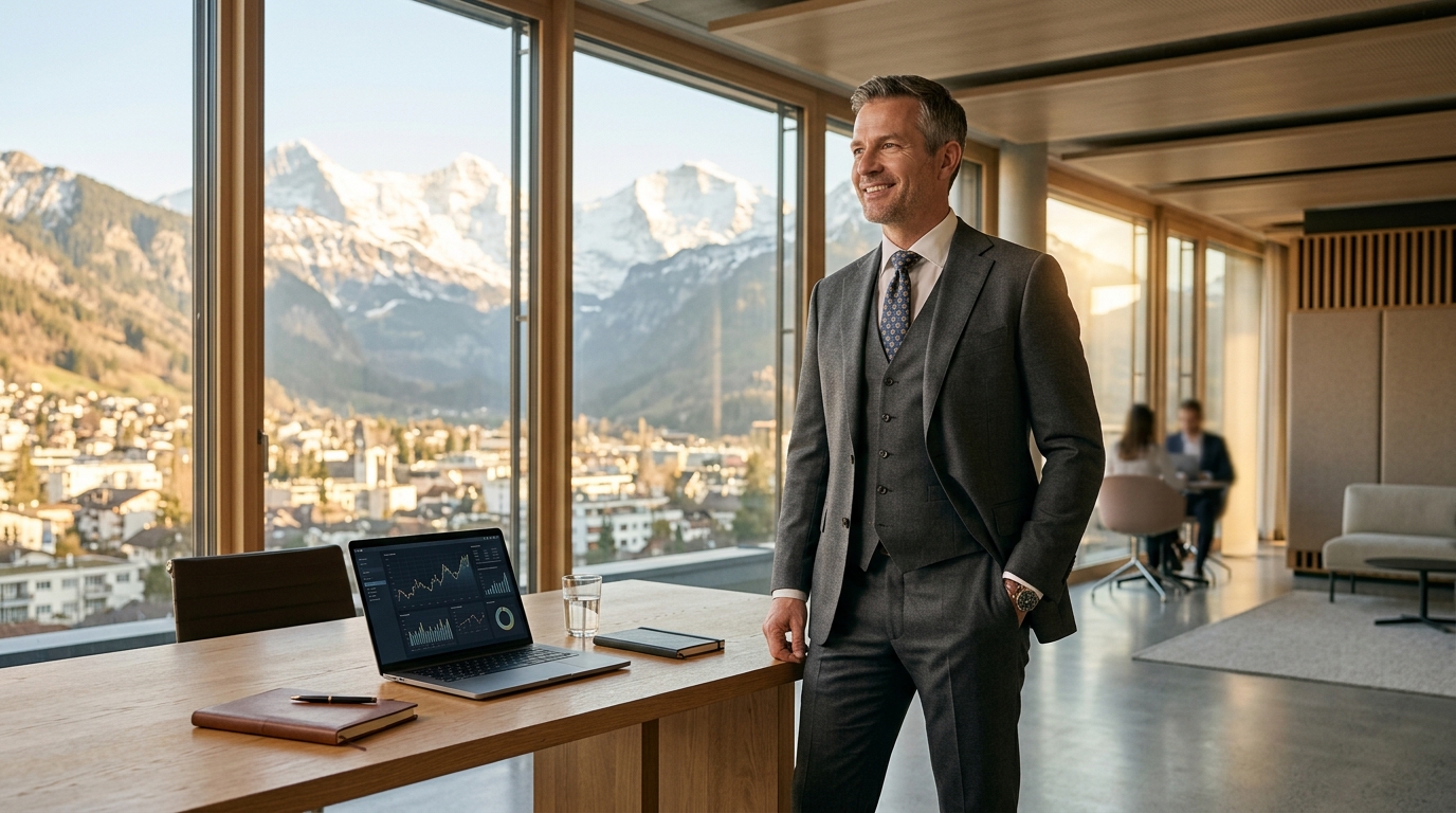Homme en costume dans un bureau financier suisse moderne