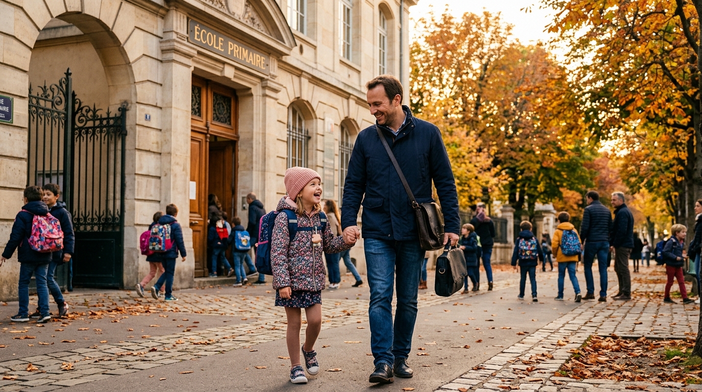 Père accompagnant sa fille à l'école un matin d'automne