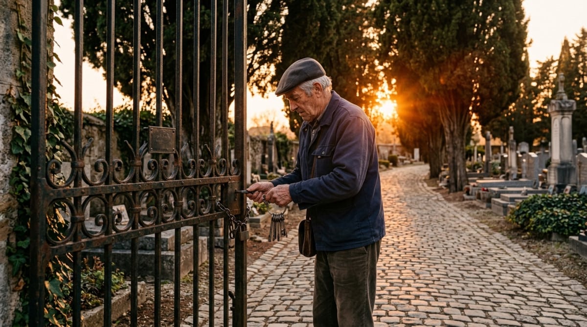 Gardien ferme les grilles d'un cimetière au coucher du soleil