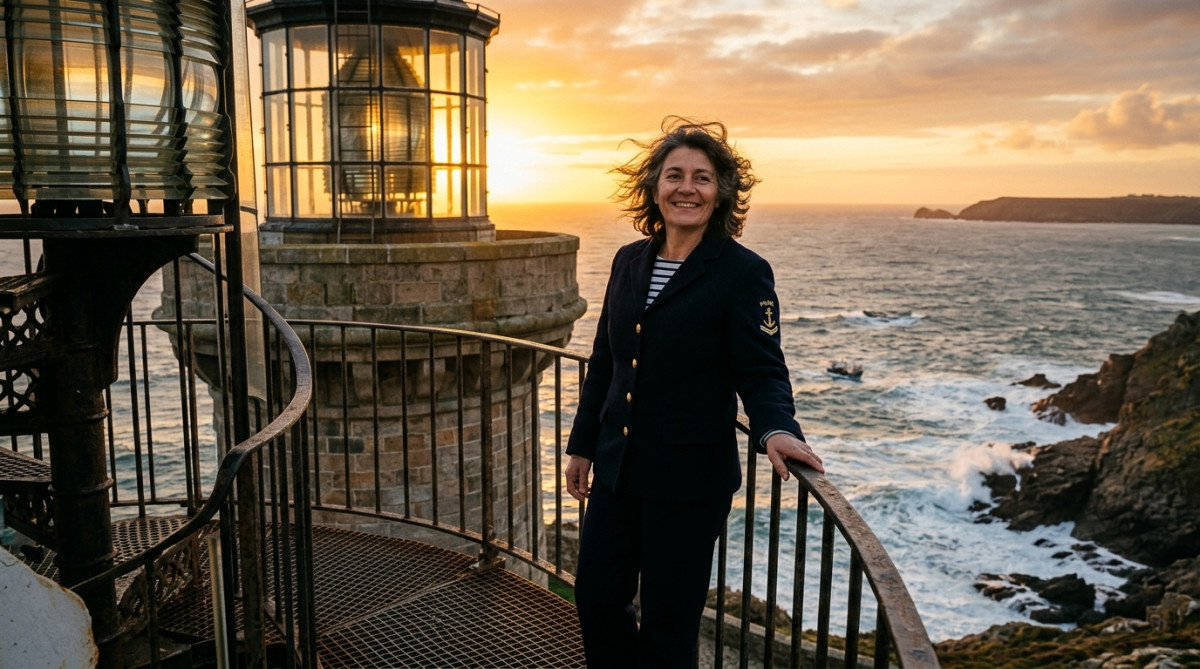 Gardienne de phare bretonne au coucher du soleil