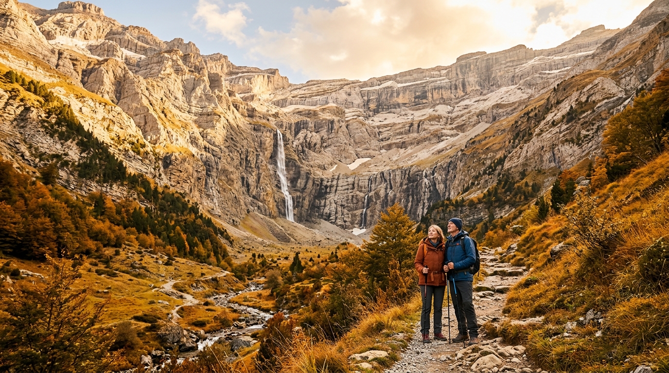 Randonneurs face à la muraille du cirque de Gavarnie