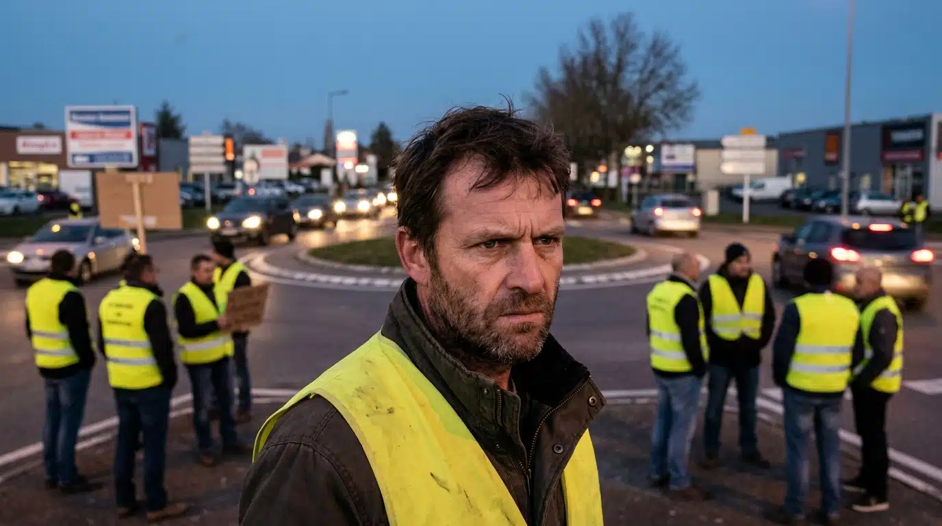 Manifestants en gilets jaunes sur un rond-point au crépuscule