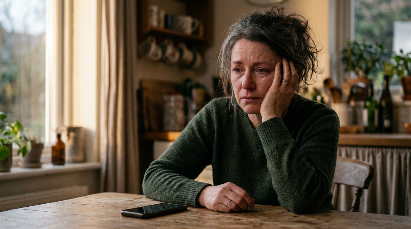 Femme silencieuse et bouleversée à sa table de cuisine