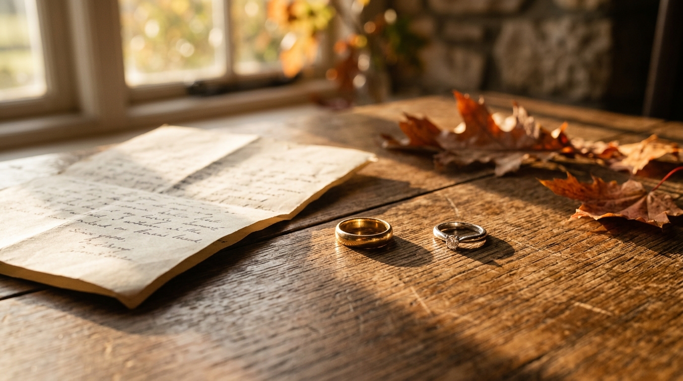 Alliances séparées sur une table avec lettre pliée