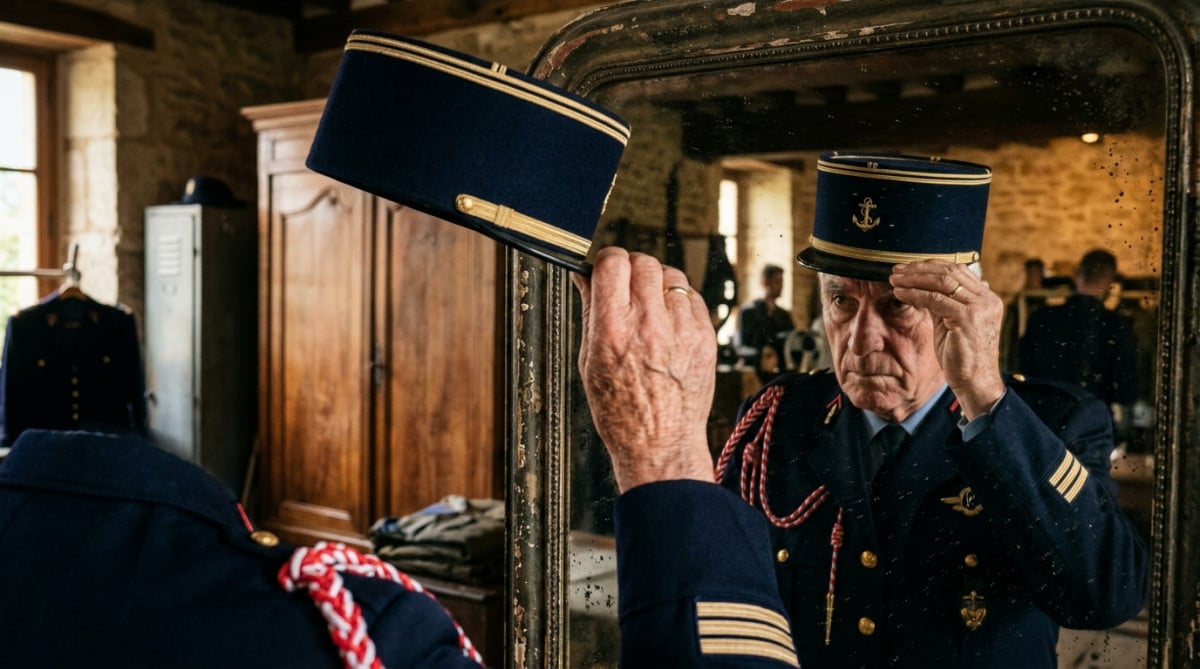 Gendarme ajustant son képi devant un miroir ancien