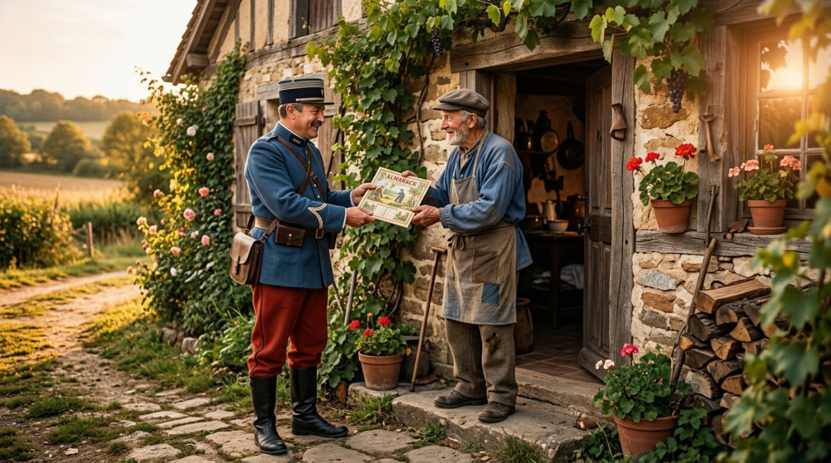 Gendarme distribuant un almanach à la campagne au 19e siècle