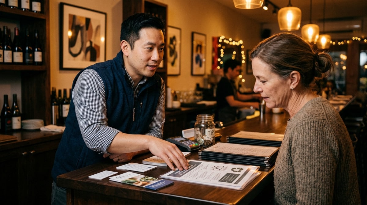 Gérant de restaurant explique la loi anti-gaspillage à un client