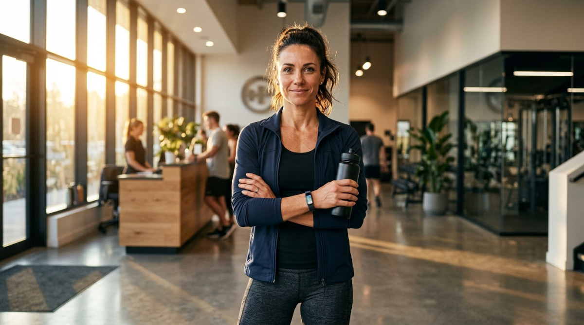 Gérante de salle de sport souriante dans son établissement