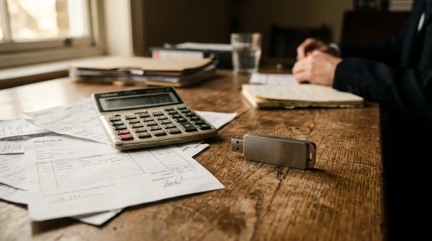Clé USB posée près de factures vierges et d'une calculatrice