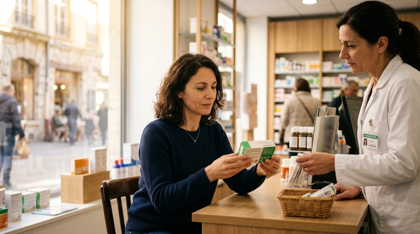 Femme consultant un pharmacien sur un traitement anti-obésité