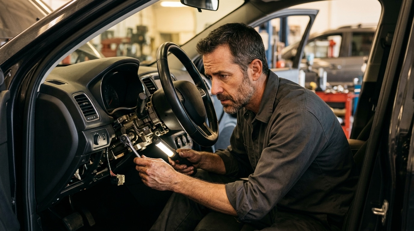 Mécanicien inspectant colonne de direction dans un garage