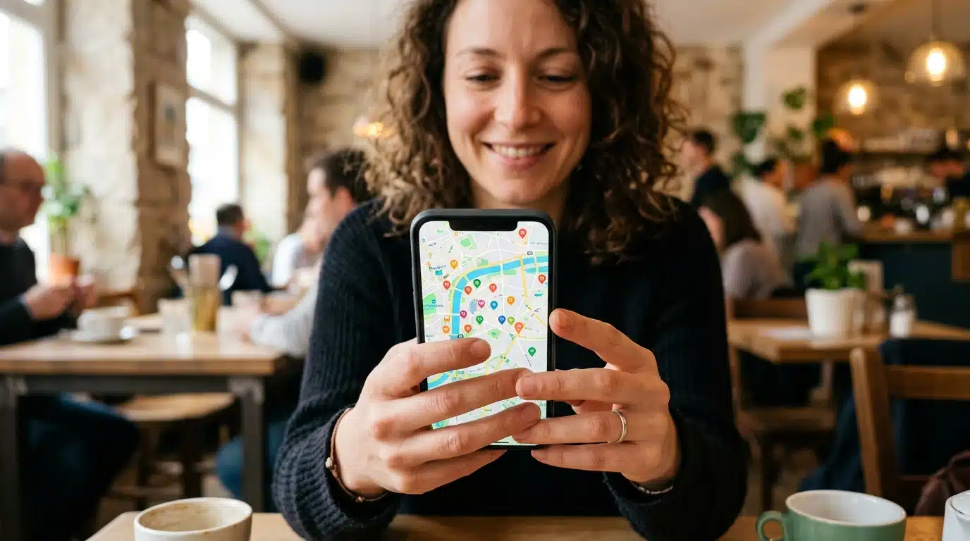 Main tenant un smartphone avec carte et repères colorés