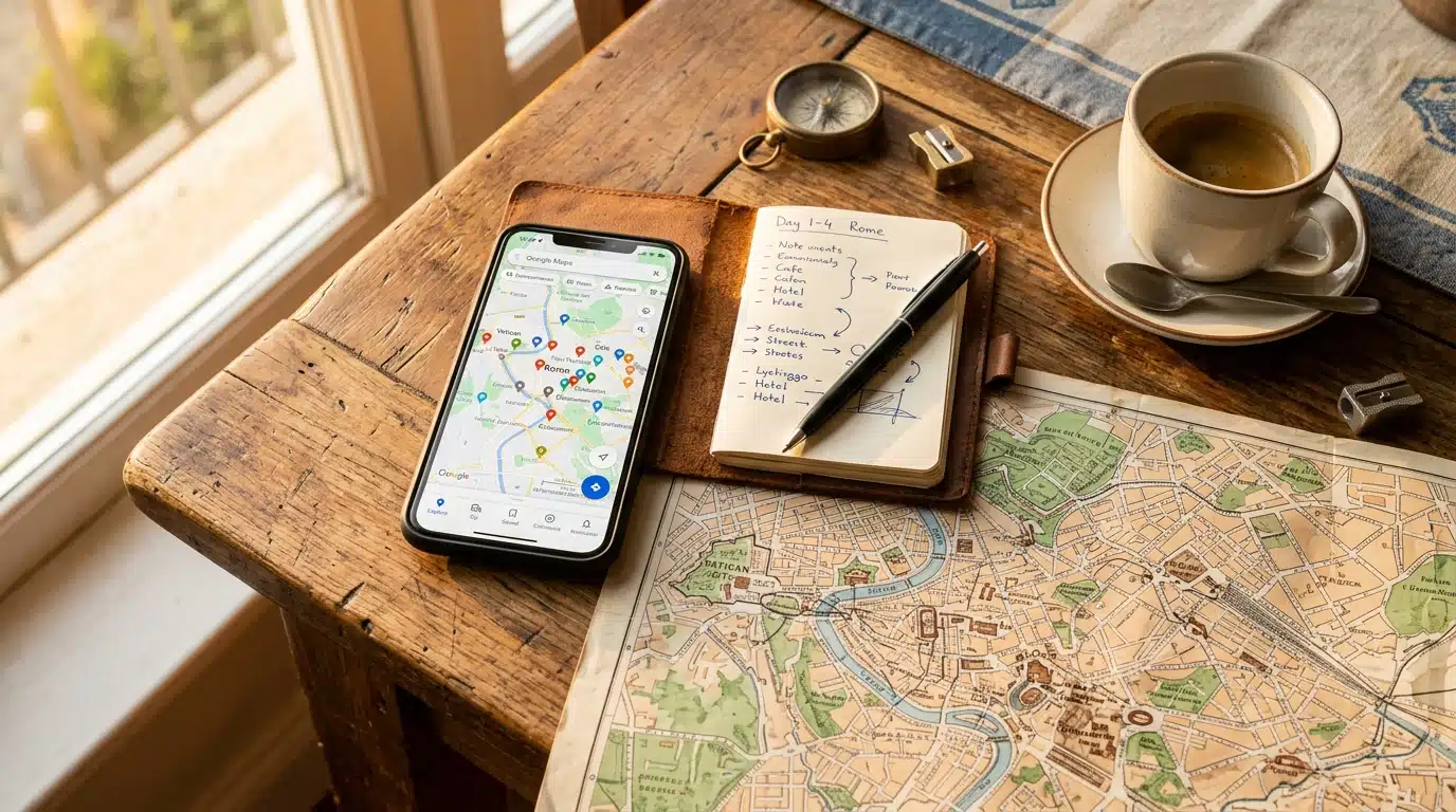 Table avec carte, carnet et téléphone pour préparer voyage