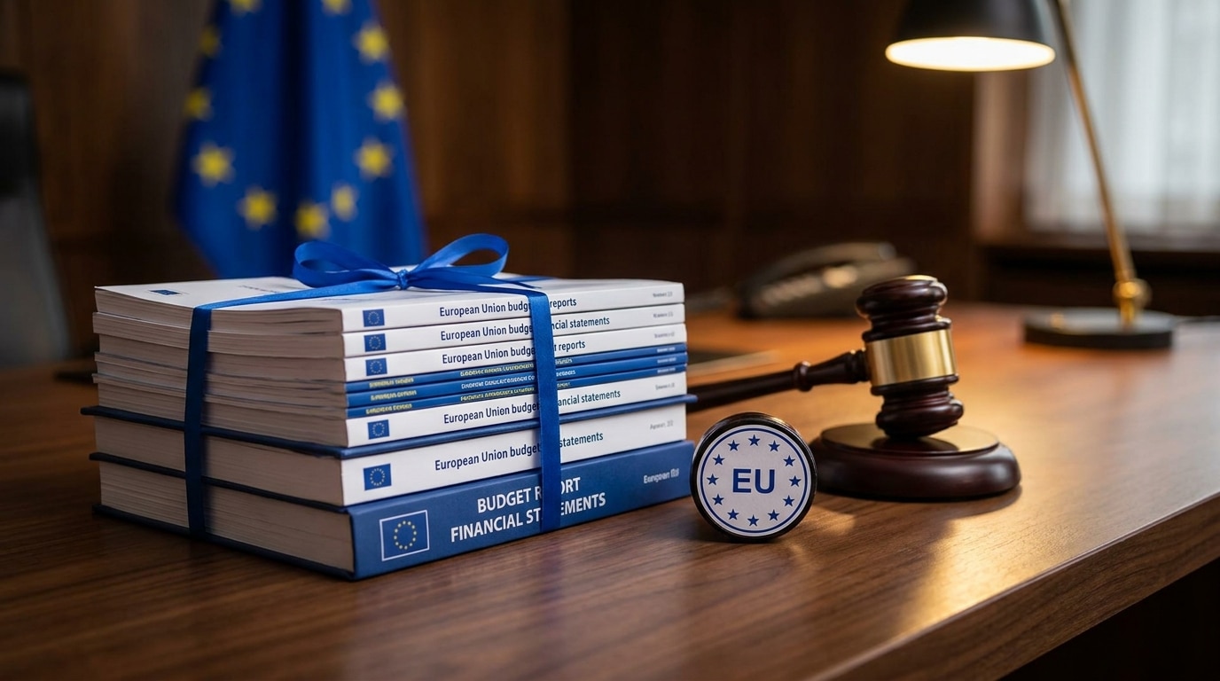Documents budgétaires européens sur bureau avec drapeau UE