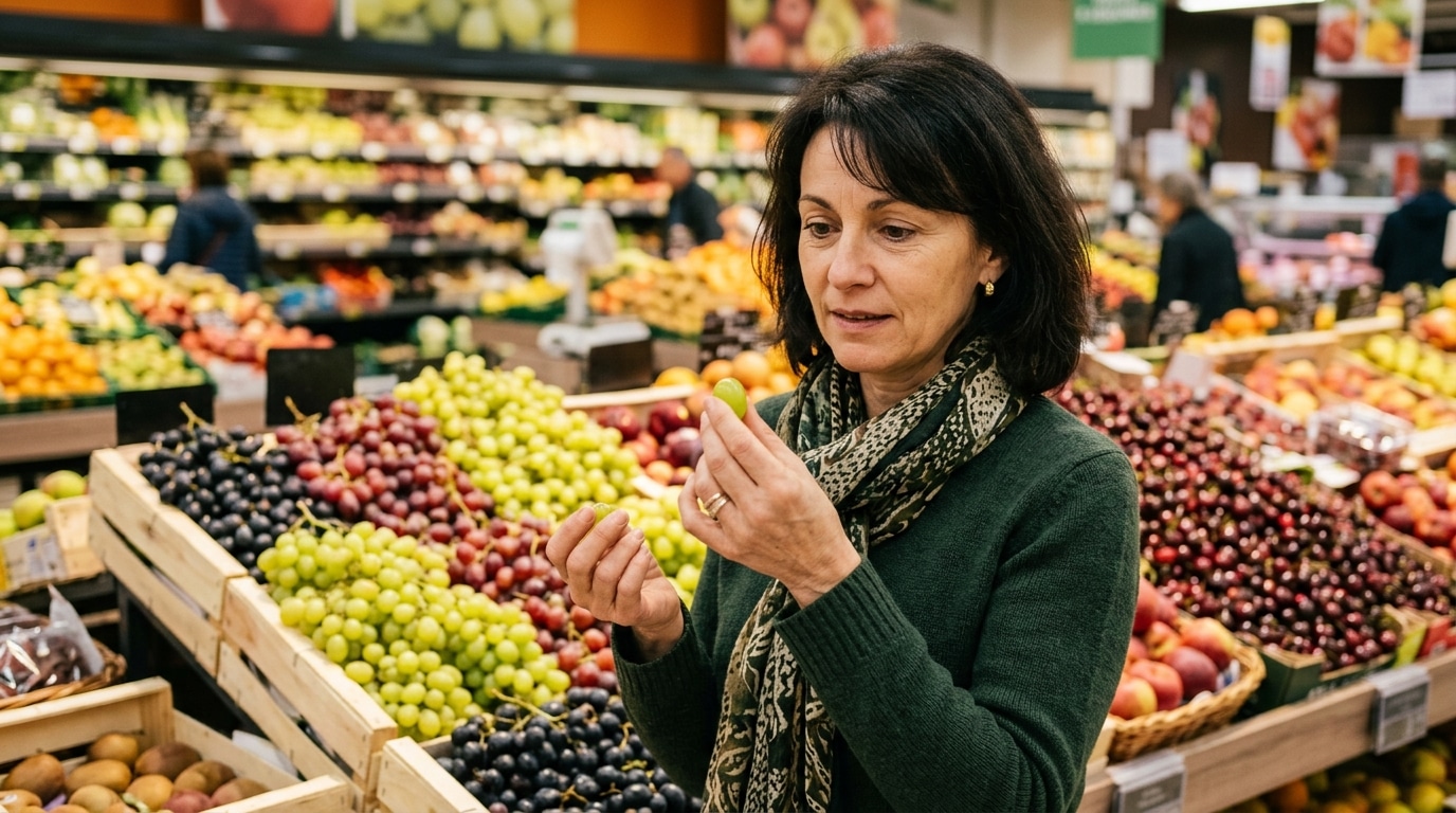 Femme hésitant à goûter un grain de raisin