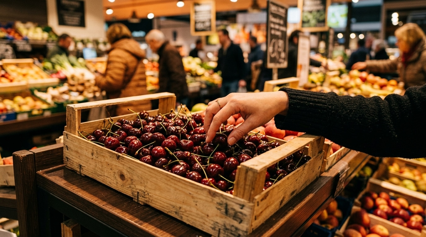 Cerises rouges en caisse au rayon fruits