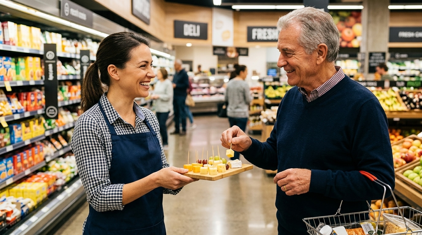 Employé proposant une dégustation de fromage au client