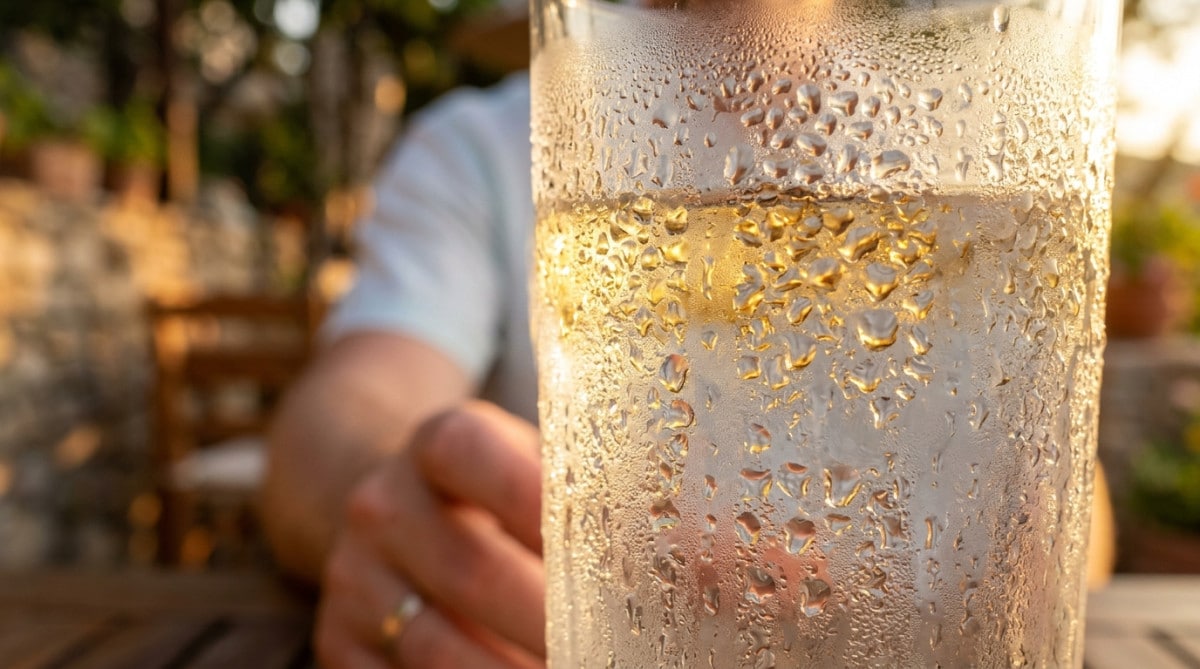 Gouttelettes de condensation sur un verre glacé au soleil