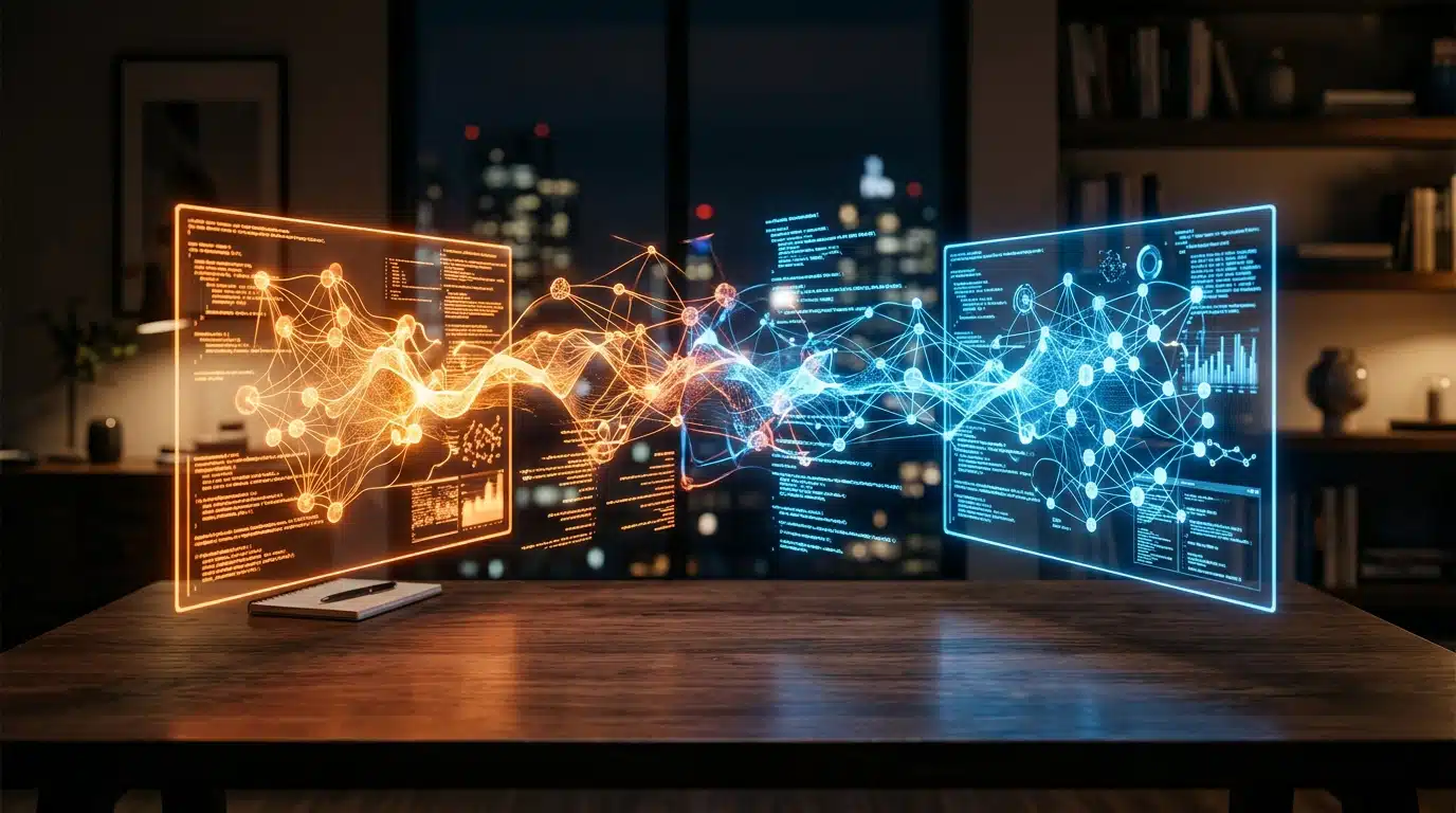 Deux écrans holographiques d'intelligence artificielle face à face