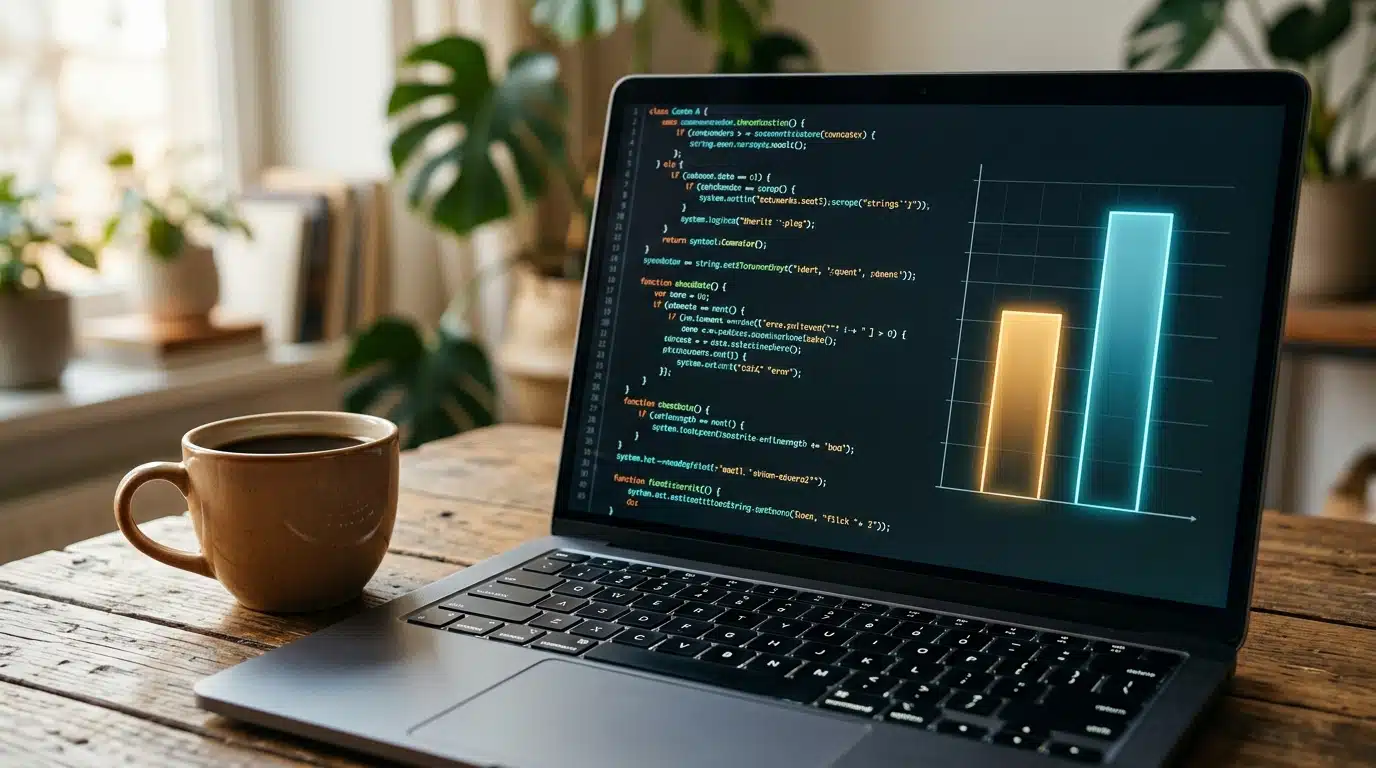 Ordinateur portable affichant du code et un graphique comparatif