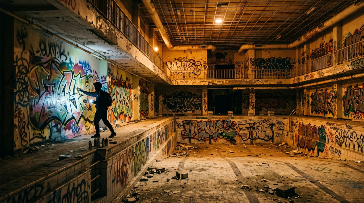 Graffeur peint les murs de la piscine Molitor abandonnée