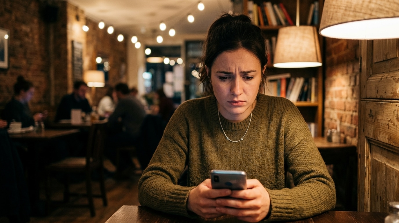 Jeune femme troublée en consultant son téléphone
